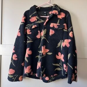 Volcom Womens Fleece Button Up Shirt Sherpa Jacket‎ Black Floral Print Size S